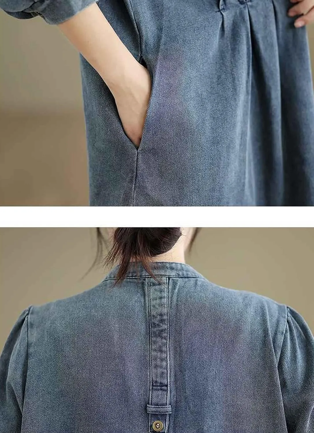 Women's Casual Denim Shirt Dress Single Breasted V Neck Mid-Length Jean Trench Coat with Pockets