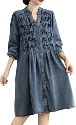 Women's Casual Denim Shirt Dress Single Breasted V Neck Mid-Length Jean Trench Coat with Pockets