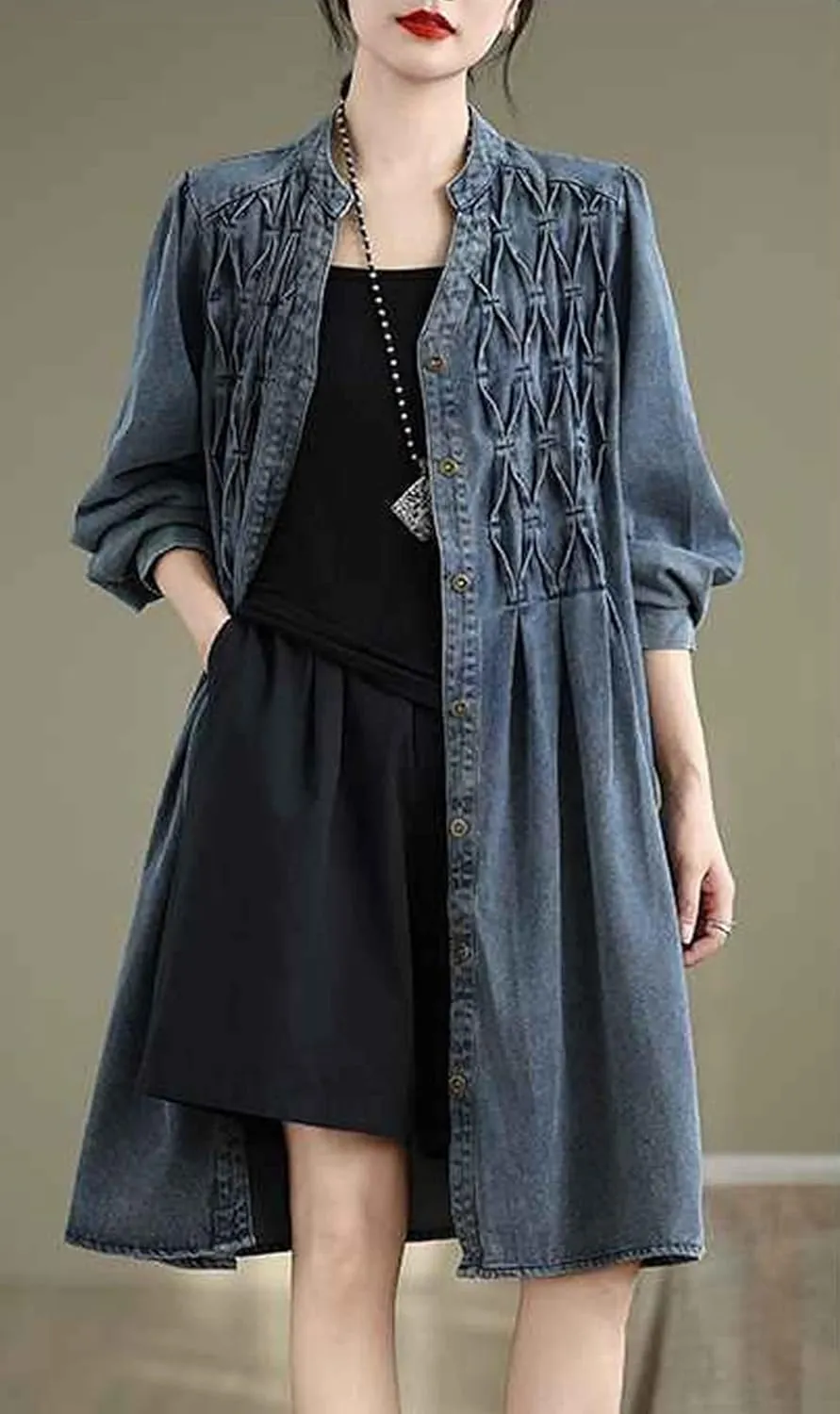 Women's Casual Denim Shirt Dress Single Breasted V Neck Mid-Length Jean Trench Coat with Pockets