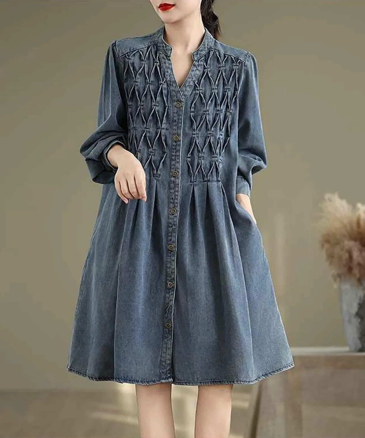 Women's Casual Denim Shirt Dress Single Breasted V Neck Mid-Length Jean Trench Coat with Pockets