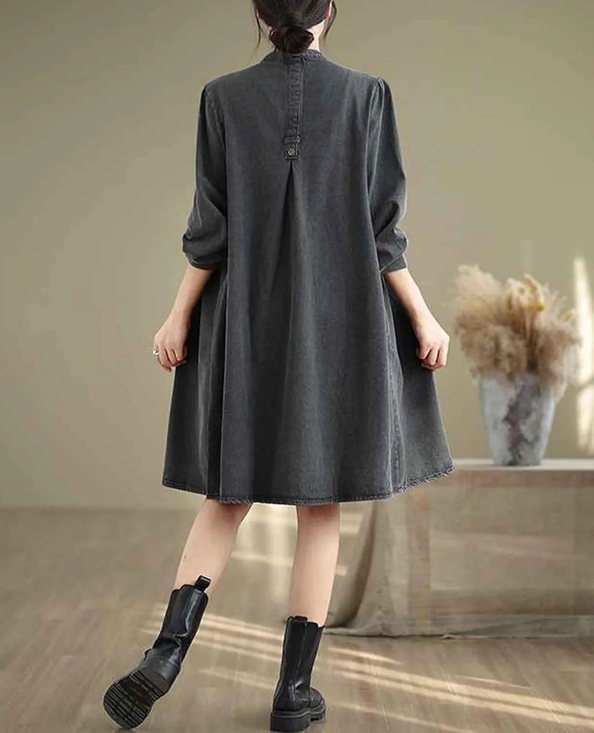 Women's Casual Denim Shirt Dress Single Breasted V Neck Mid-Length Jean Trench Coat with Pockets