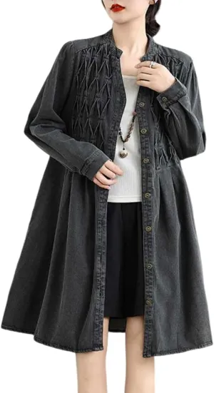 Women's Casual Denim Shirt Dress Single Breasted V Neck Mid-Length Jean Trench Coat with Pockets