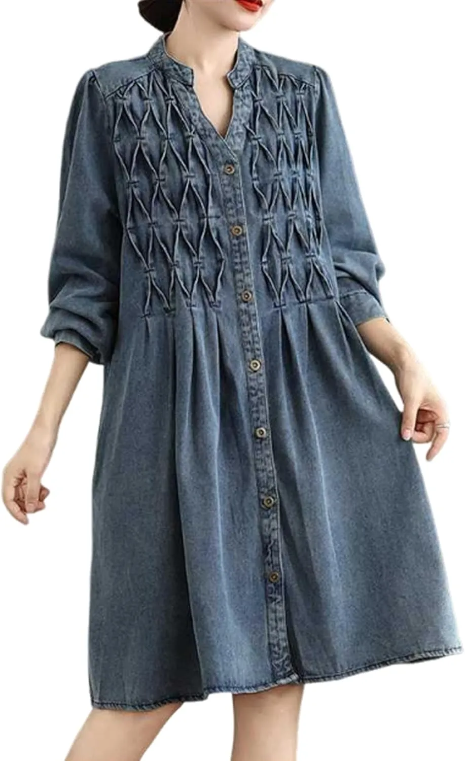 Women's Casual Denim Shirt Dress Single Breasted V Neck Mid-Length Jean Trench Coat with Pockets