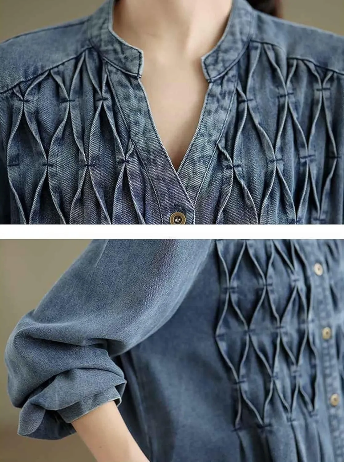 Women's Casual Denim Shirt Dress Single Breasted V Neck Mid-Length Jean Trench Coat with Pockets