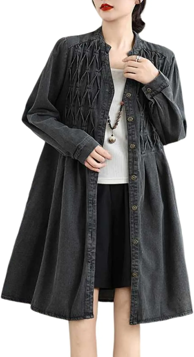 Women's Casual Denim Shirt Dress Single Breasted V Neck Mid-Length Jean Trench Coat with Pockets