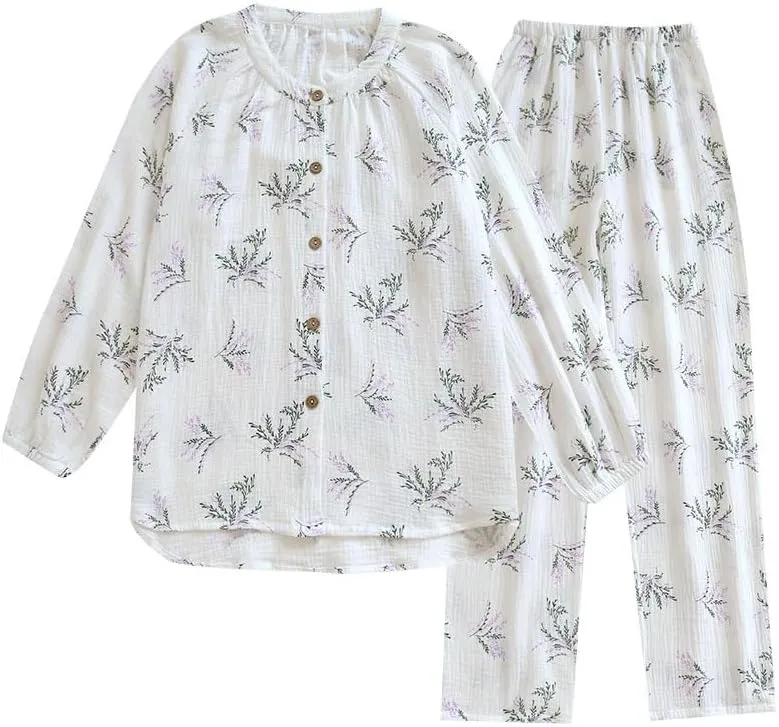 Womens Cotton Gauze Pajama Sets Muslin Pj Set Crew Neck Button Down Sleepwear 2 Piece Lounge Set