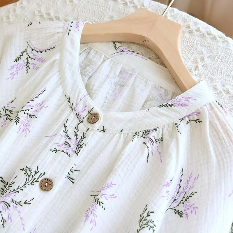 Womens Cotton Gauze Pajama Sets Muslin Pj Set Crew Neck Button Down Sleepwear 2 Piece Lounge Set