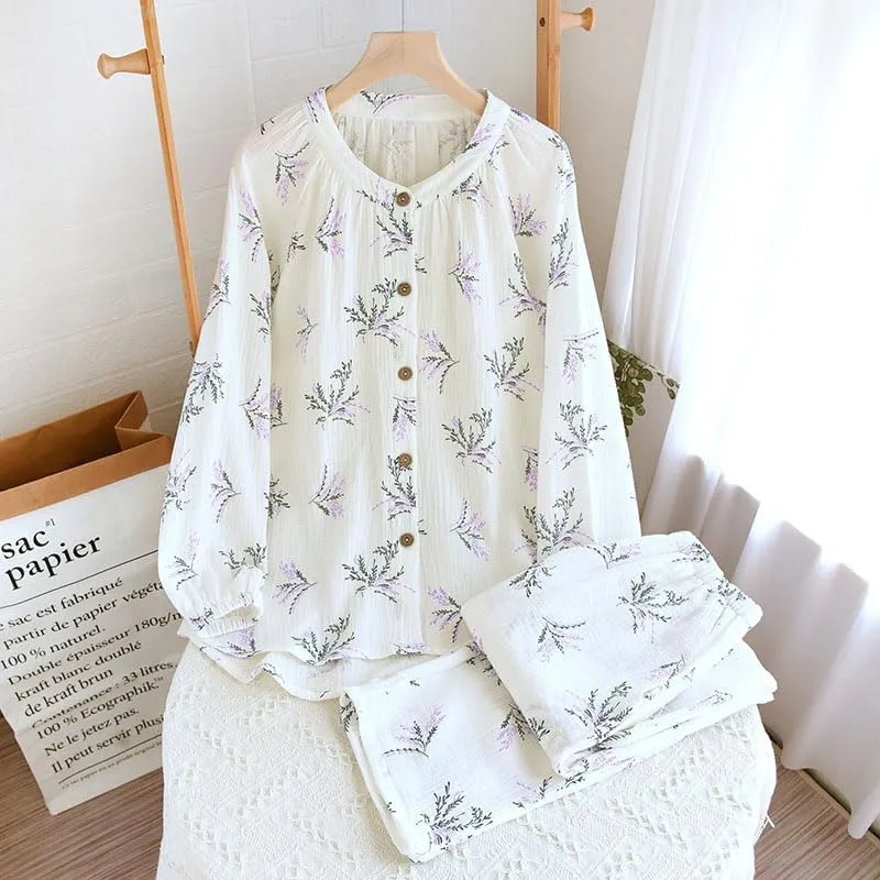 Womens Cotton Gauze Pajama Sets Muslin Pj Set Crew Neck Button Down Sleepwear 2 Piece Lounge Set