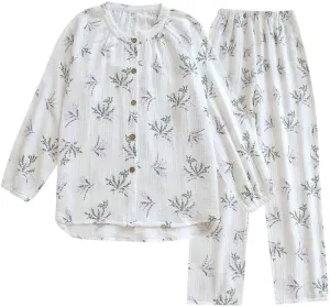 Womens Cotton Gauze Pajama Sets Muslin Pj Set Crew Neck Button Down Sleepwear 2 Piece Lounge Set