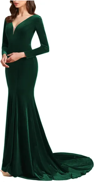 Women's Deep V-Neck Velvet Prom Dresses Long Mermaid Court Train Evening Party Gown with Long Sleeves SZPD02