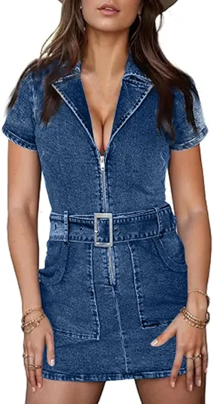 Womens Denim Dresses Cowgirl Zipper Front Belted Sexy Mini Casual Jean Dress with Pockets