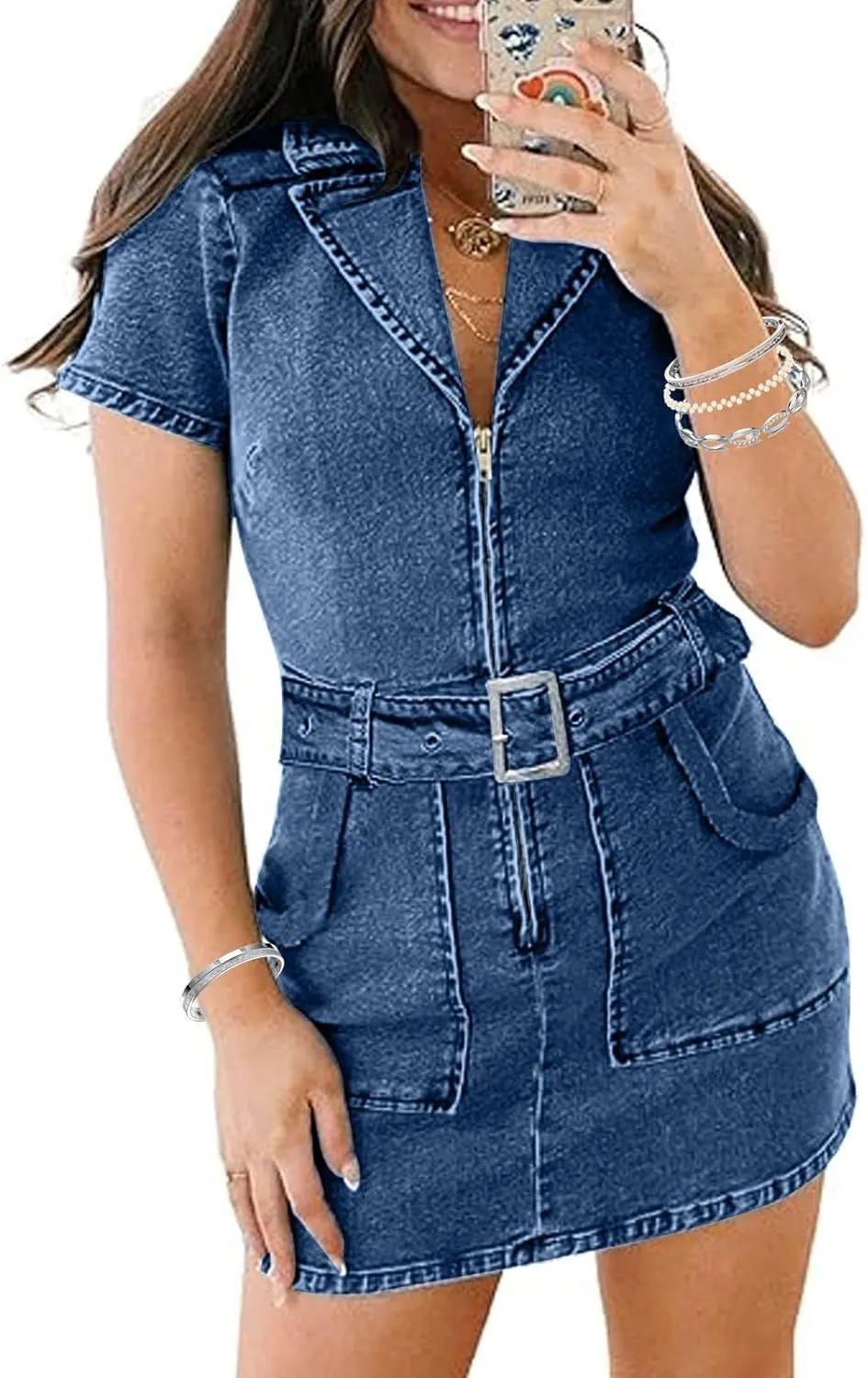 Womens Denim Dresses Cowgirl Zipper Front Belted Sexy Mini Casual Jean Dress with Pockets
