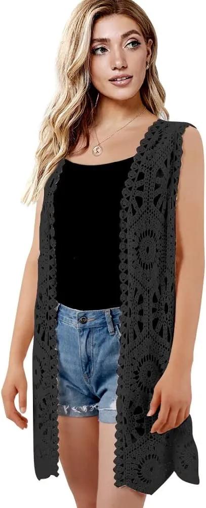 Womens Floral Crochet Lace Boho Trim Sleeveless Open Front Vest Cardigan