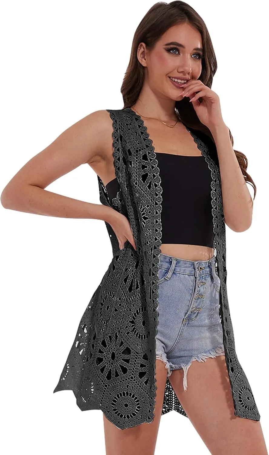 Womens Floral Crochet Lace Boho Trim Sleeveless Open Front Vest Cardigan