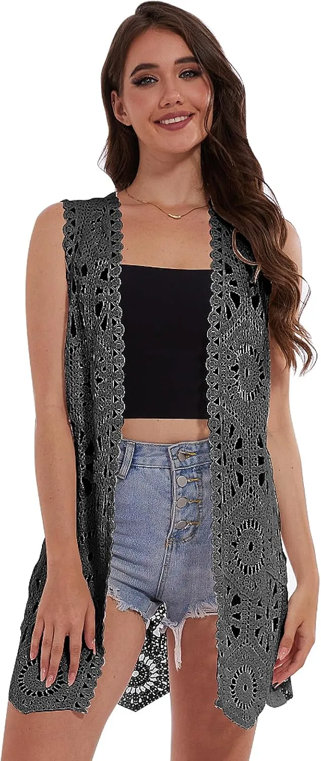 Womens Floral Crochet Lace Boho Trim Sleeveless Open Front Vest Cardigan