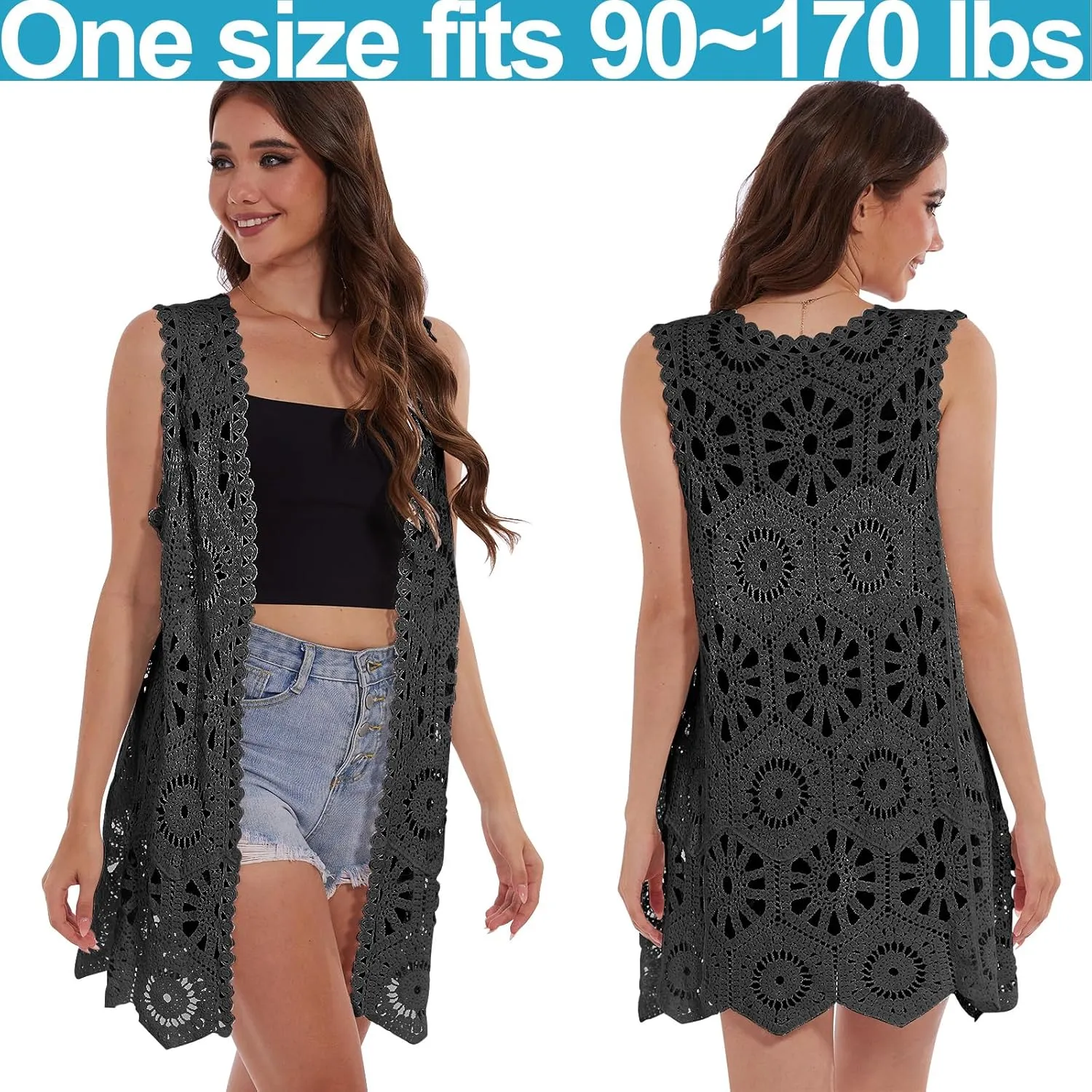 Womens Floral Crochet Lace Boho Trim Sleeveless Open Front Vest Cardigan