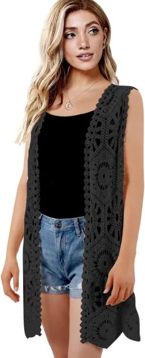 Womens Floral Crochet Lace Boho Trim Sleeveless Open Front Vest Cardigan