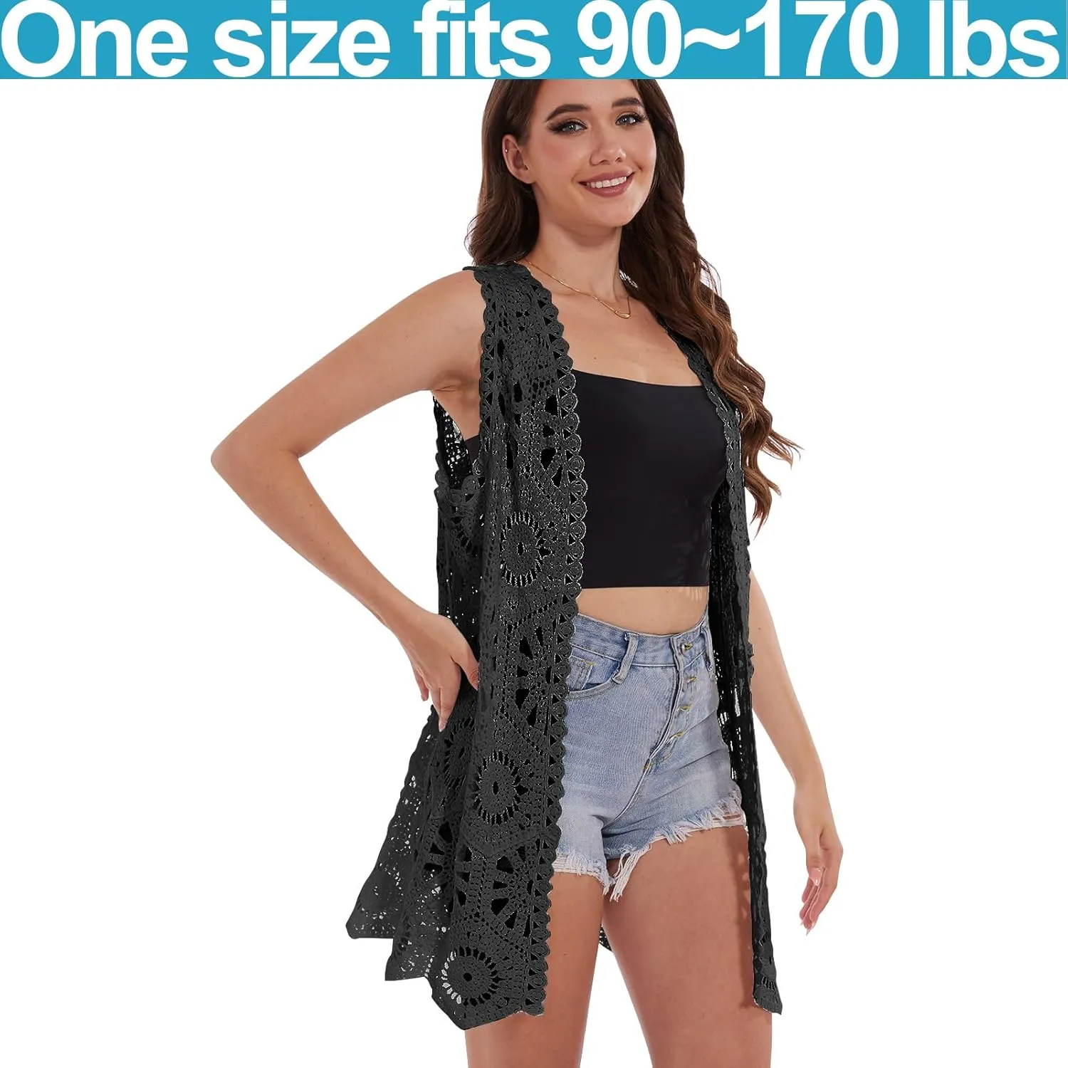 Womens Floral Crochet Lace Boho Trim Sleeveless Open Front Vest Cardigan