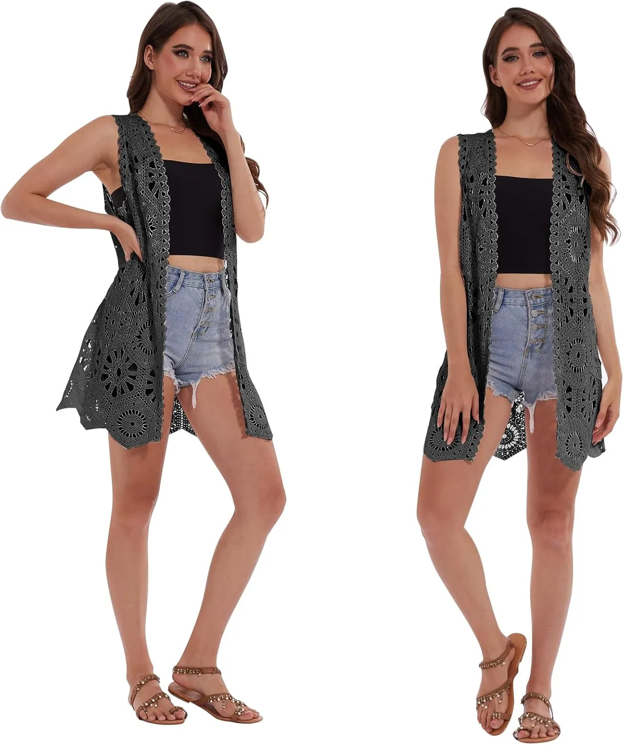 Womens Floral Crochet Lace Boho Trim Sleeveless Open Front Vest Cardigan