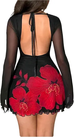 Women's Floral Tie Backless Bodycon Dresses Sheer Mesh Long Bell Sleeve Mini Dress
