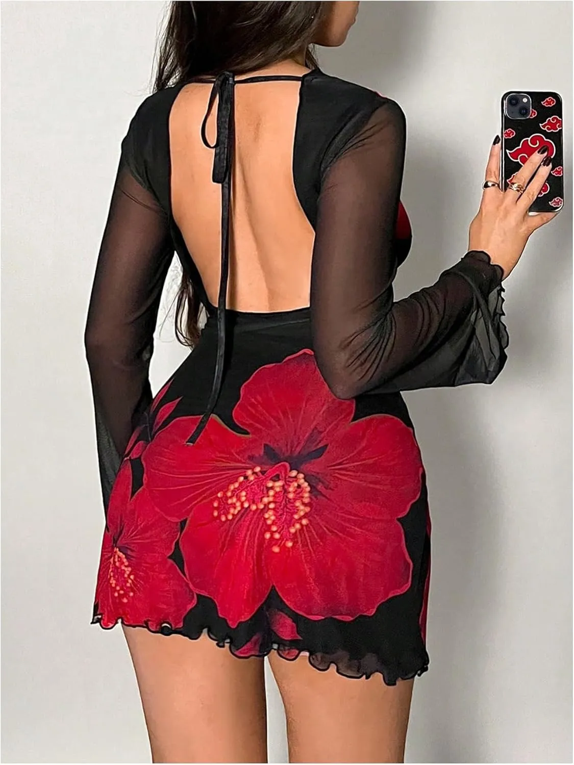 Women's Floral Tie Backless Bodycon Dresses Sheer Mesh Long Bell Sleeve Mini Dress