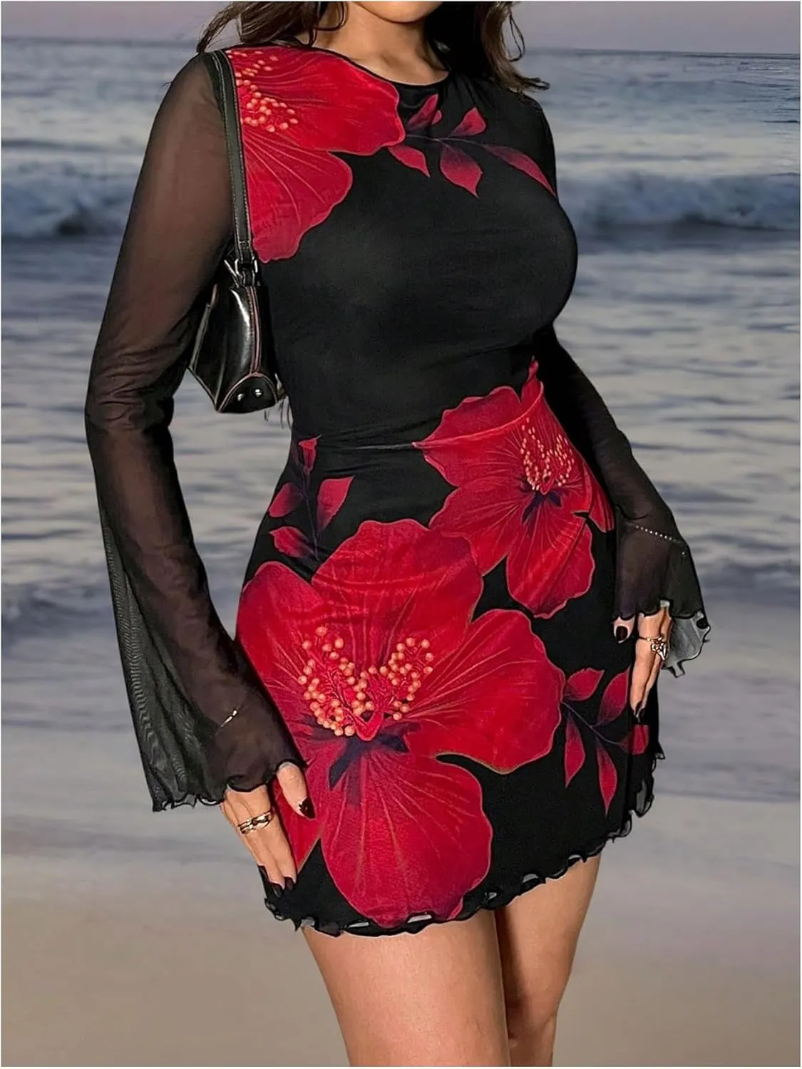 Women's Floral Tie Backless Bodycon Dresses Sheer Mesh Long Bell Sleeve Mini Dress
