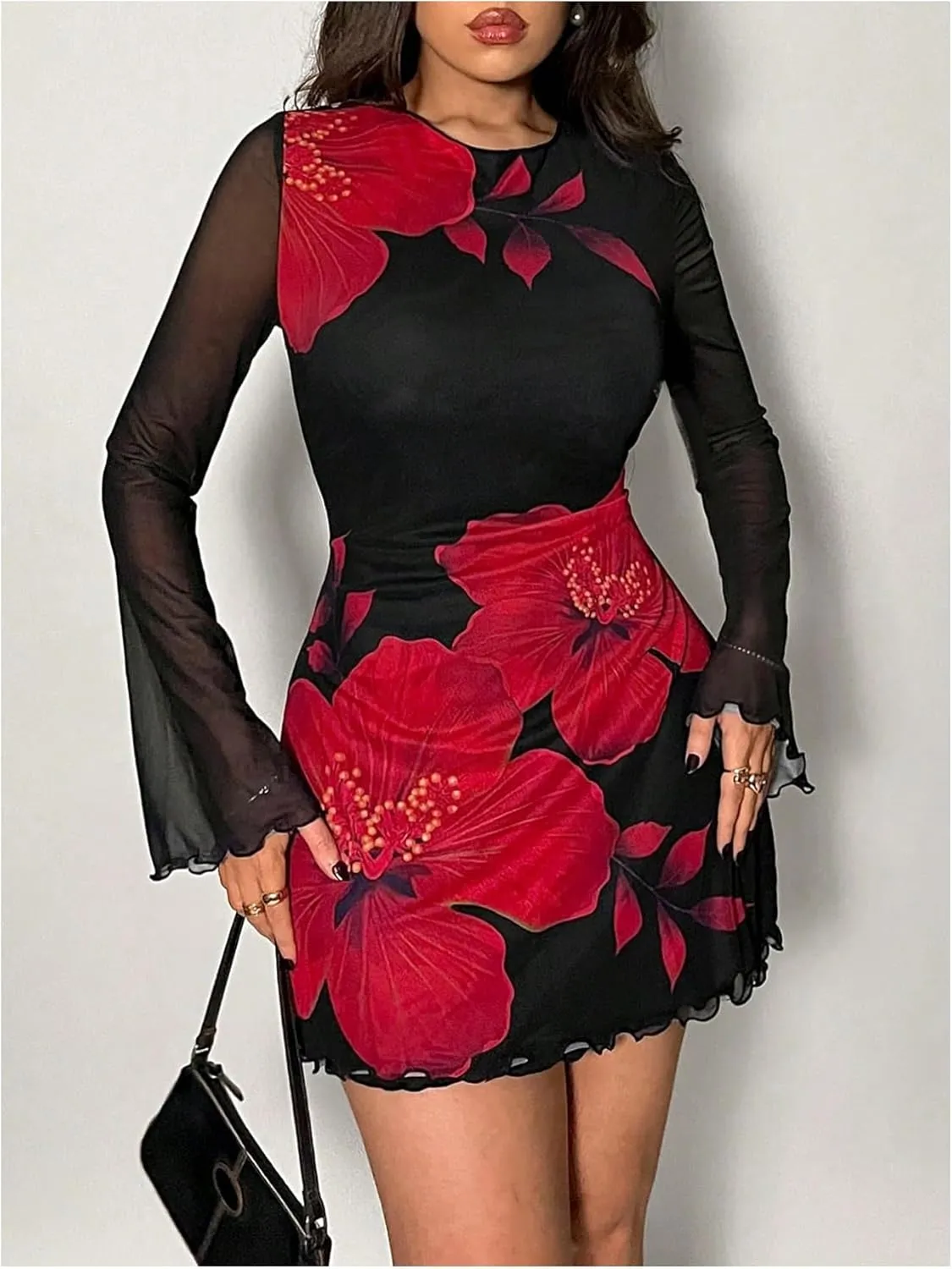 Women's Floral Tie Backless Bodycon Dresses Sheer Mesh Long Bell Sleeve Mini Dress