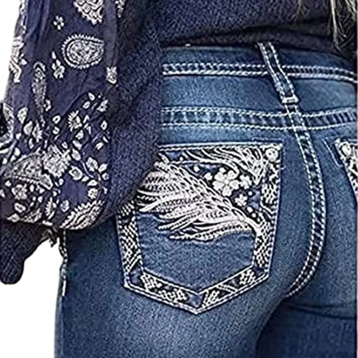 Women's Jeans Feather Flower Embroidery Mid Rise Stretchy Bootcut Slim Wide Leg Pants