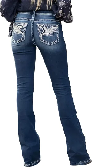 Women's Jeans Feather Flower Embroidery Mid Rise Stretchy Bootcut Slim Wide Leg Pants