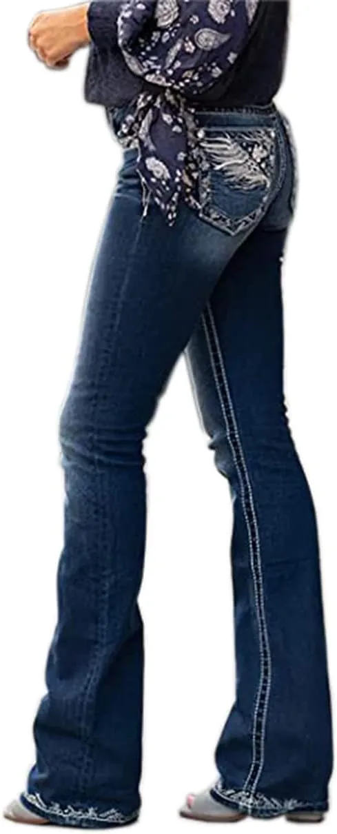 Women's Jeans Feather Flower Embroidery Mid Rise Stretchy Bootcut Slim Wide Leg Pants