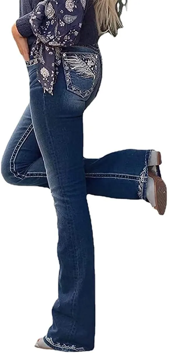 Women's Jeans Feather Flower Embroidery Mid Rise Stretchy Bootcut Slim Wide Leg Pants