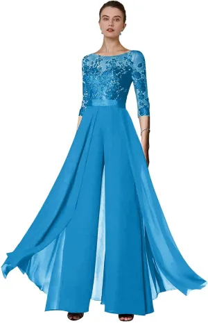 Women's Lace Appliques Mother of The Bride Pants Suits for Wedding Formal Jumpsuit