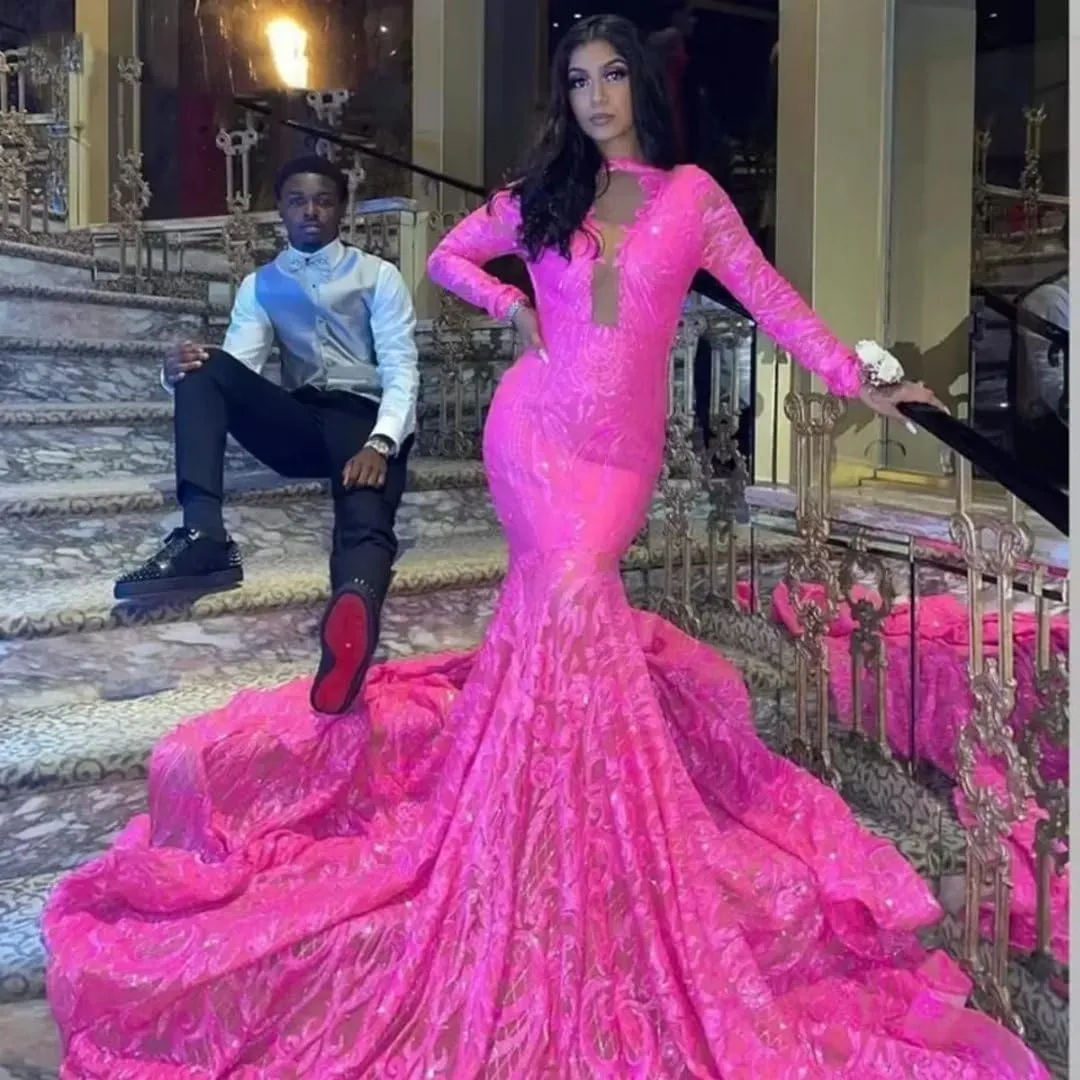 Women's Long Sleeves Sequined Mermaid Long Train Prom Shower Party Evening Dress Celebrity Pageant Gown