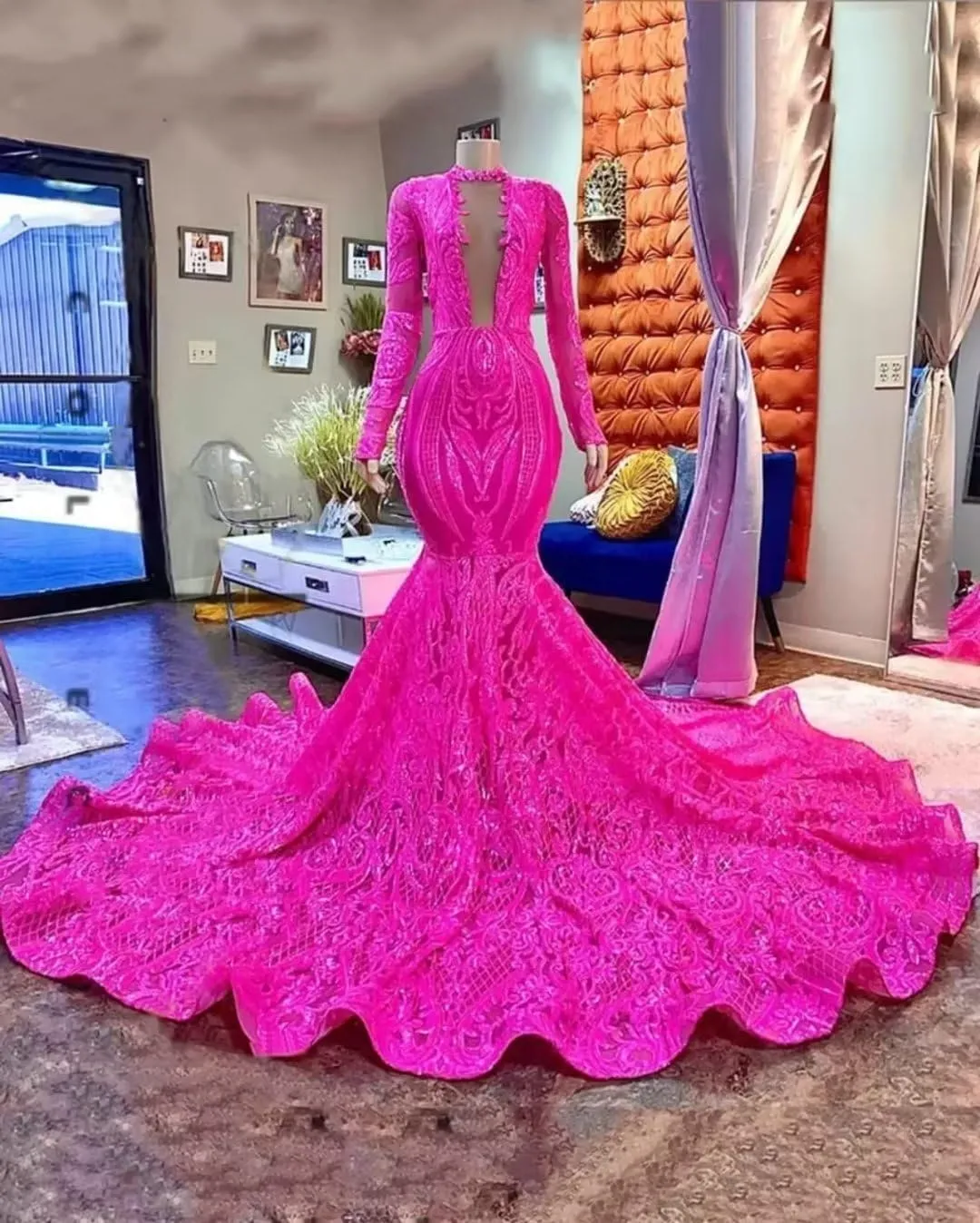Women's Long Sleeves Sequined Mermaid Long Train Prom Shower Party Evening Dress Celebrity Pageant Gown