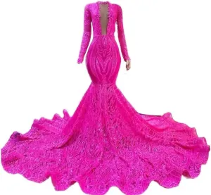 Women's Long Sleeves Sequined Mermaid Long Train Prom Shower Party Evening Dress Celebrity Pageant Gown