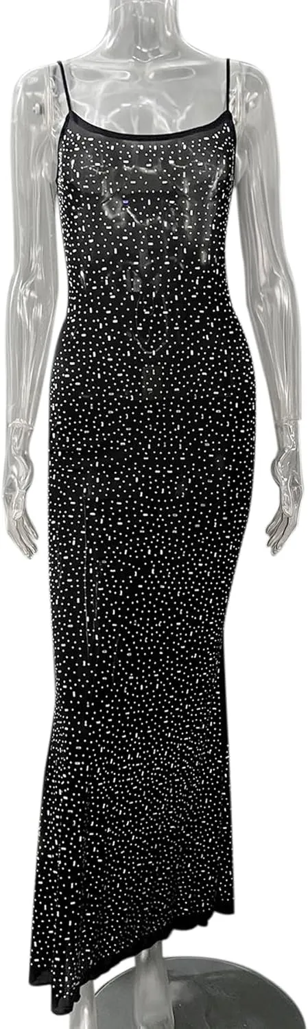 Women's Mesh Rhinestone Cover Up Dress Sparkle Beach Swimwear Coverups Shiny Crystal Sheer Maxi Dresses