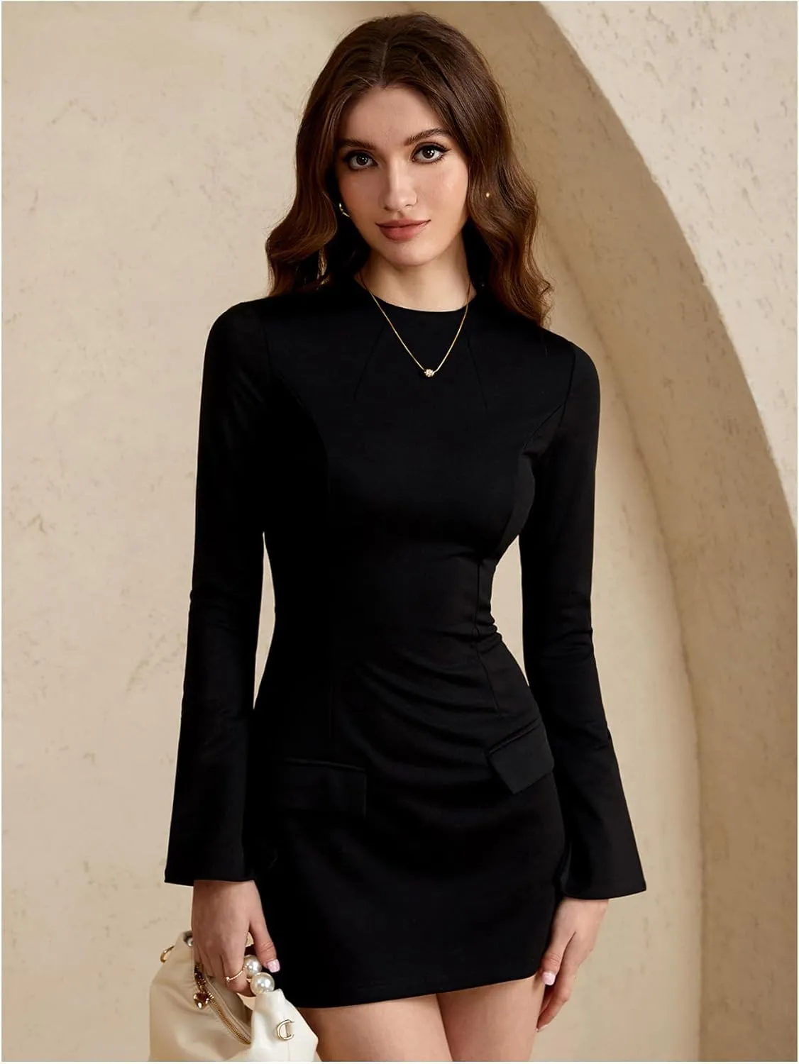 Women's Mock Neck Mini Dress Split Long Sleeve High Waisted Flared A Line Elegant Dresses