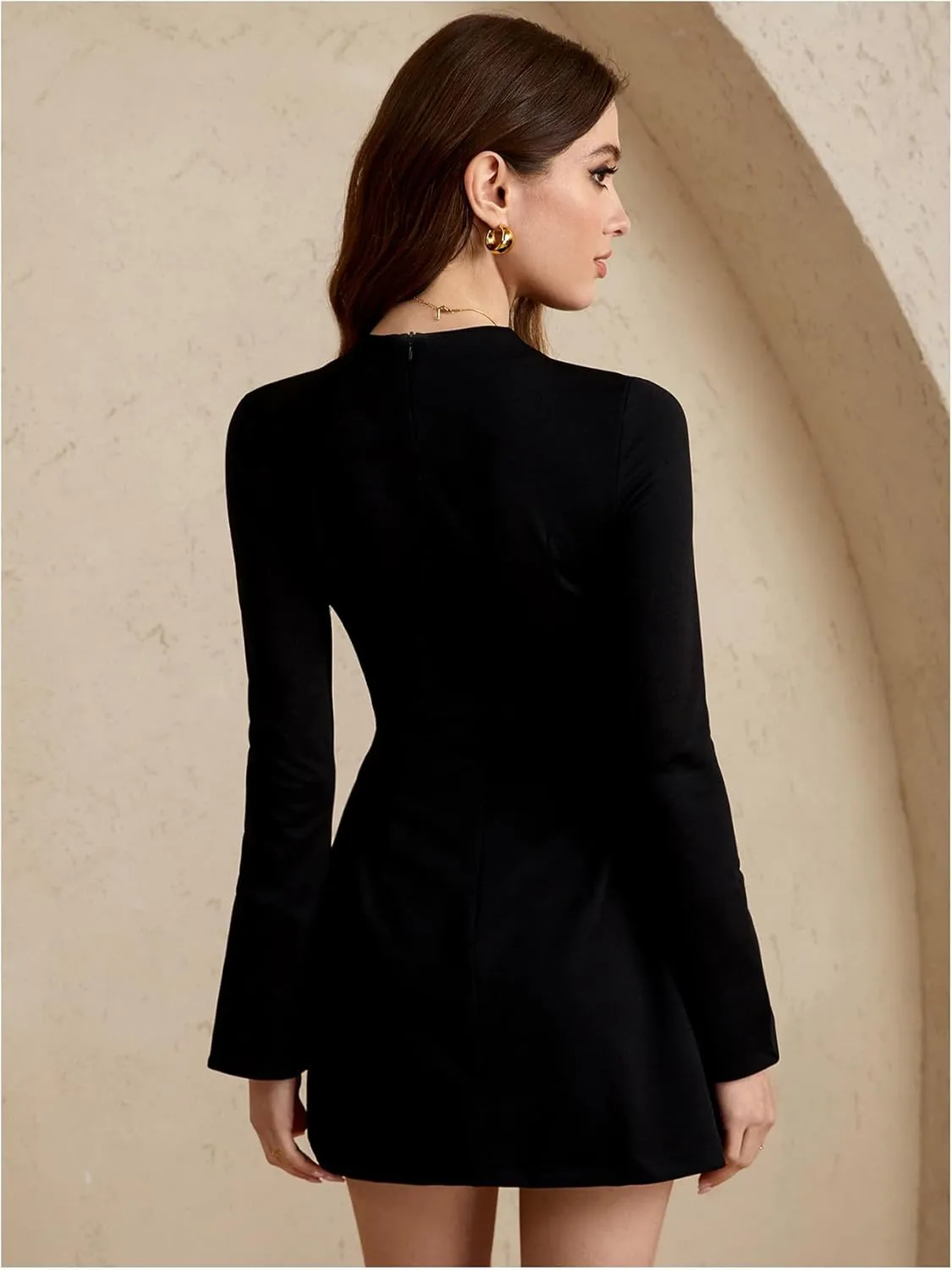 Women's Mock Neck Mini Dress Split Long Sleeve High Waisted Flared A Line Elegant Dresses