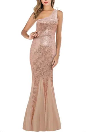 Womens Party Dresses Sequins Tulle Sexy One Shoulder Long Dress Formal Mermaid Evening Prom Gowns