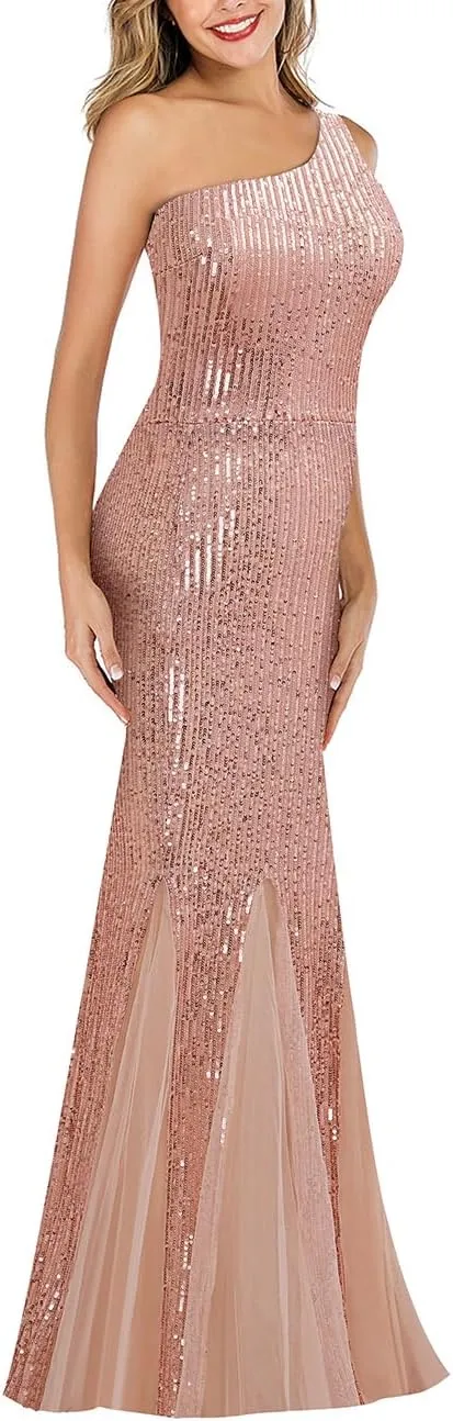 Womens Party Dresses Sequins Tulle Sexy One Shoulder Long Dress Formal Mermaid Evening Prom Gowns