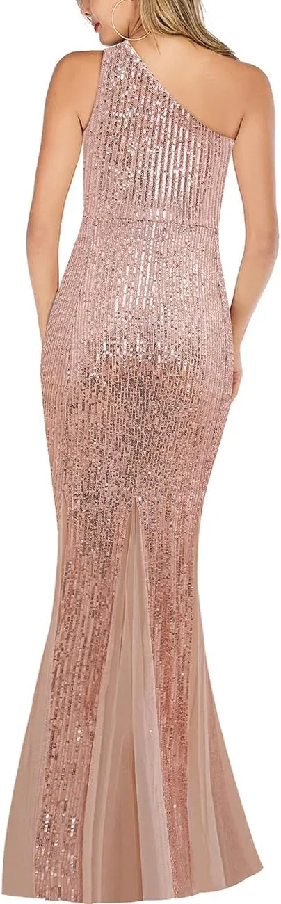 Womens Party Dresses Sequins Tulle Sexy One Shoulder Long Dress Formal Mermaid Evening Prom Gowns