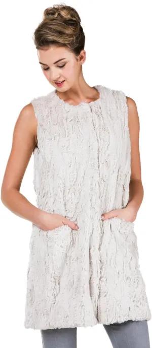 Women's Round Neck Faux Fur Long Open Vest with Pocket on The Front
