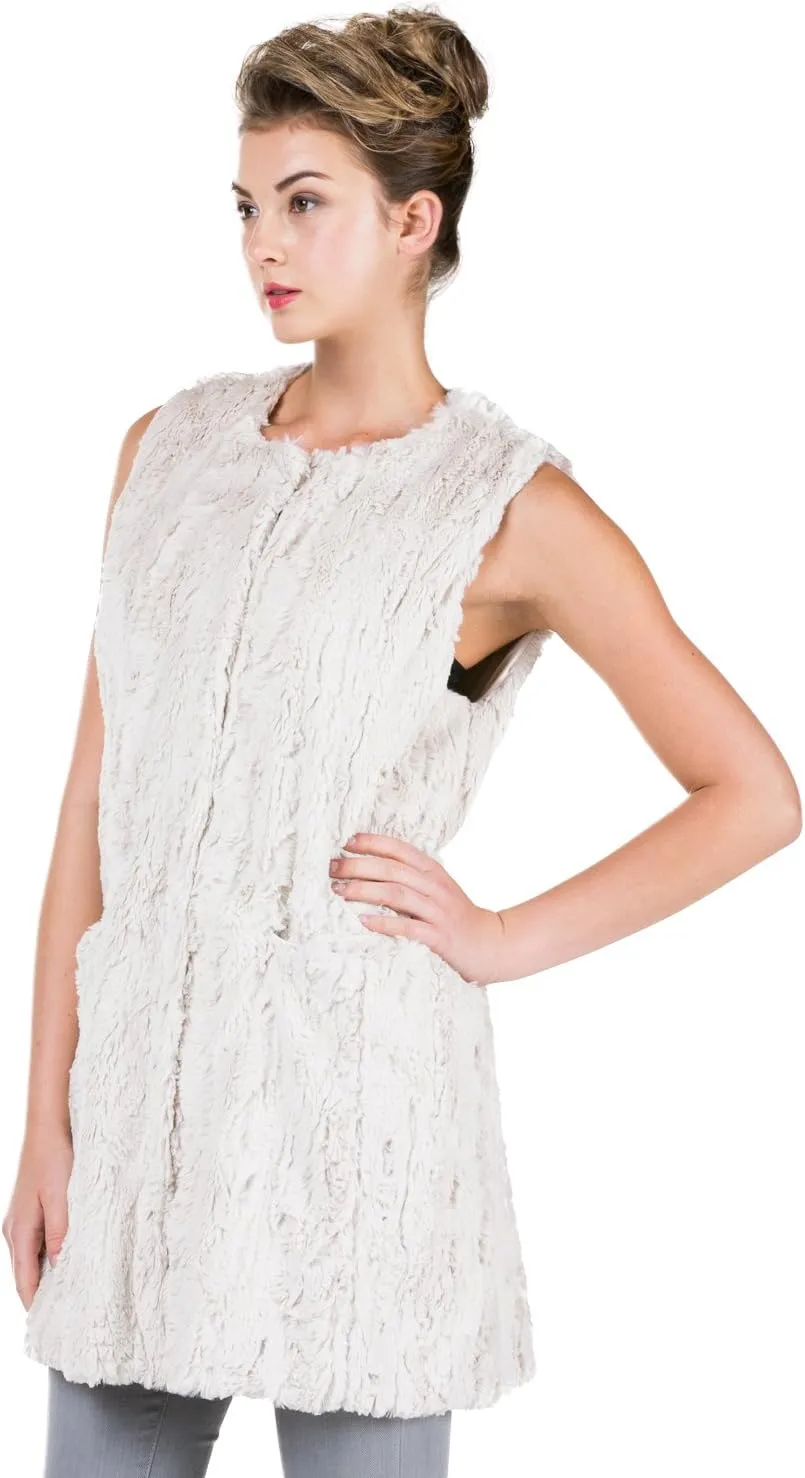 Women's Round Neck Faux Fur Long Open Vest with Pocket on The Front