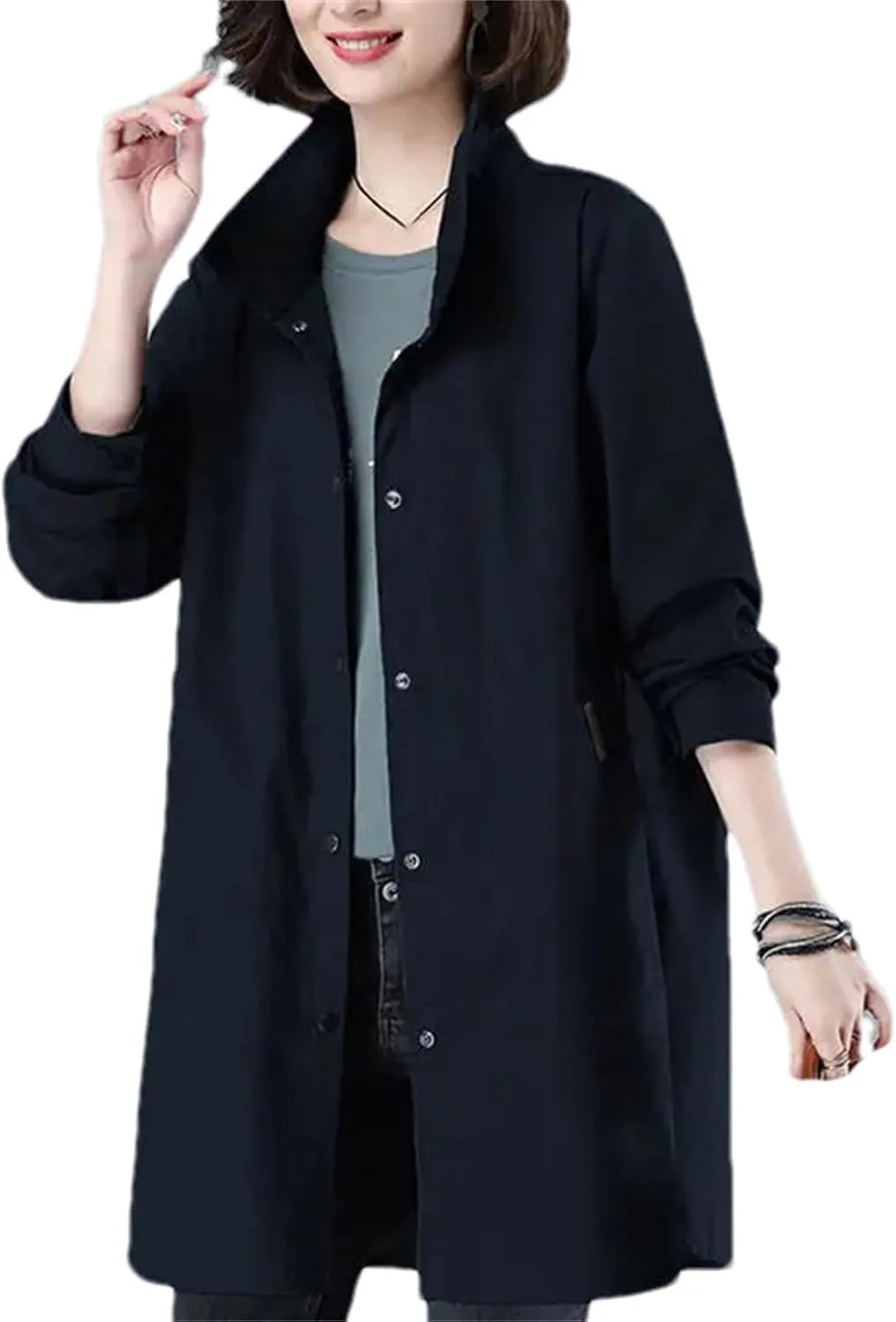Women's Spring Trench Coat  Long Sleeve Loose Fit Button-Down Mid-Length Casual Jacket With Pockets For Work Office