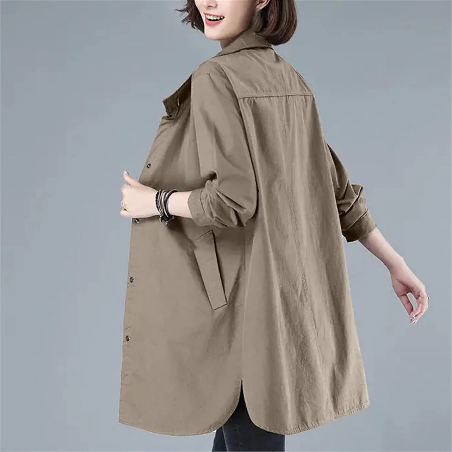 Women's Spring Trench Coat  Long Sleeve Loose Fit Button-Down Mid-Length Casual Jacket With Pockets For Work Office