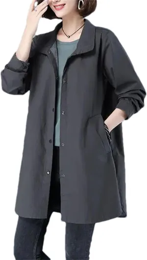 Women's Spring Trench Coat  Long Sleeve Loose Fit Button-Down Mid-Length Casual Jacket With Pockets For Work Office
