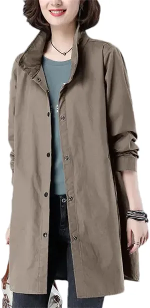 Women's Spring Trench Coat  Long Sleeve Loose Fit Button-Down Mid-Length Casual Jacket With Pockets For Work Office