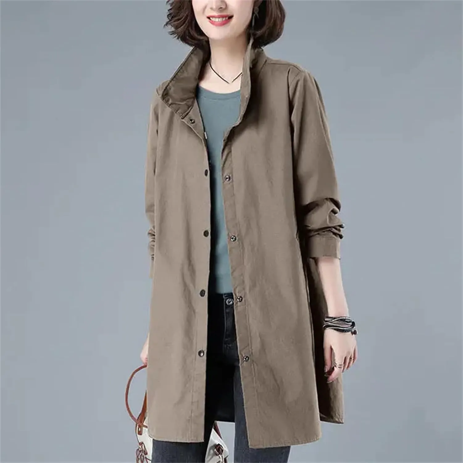 Women's Spring Trench Coat  Long Sleeve Loose Fit Button-Down Mid-Length Casual Jacket With Pockets For Work Office