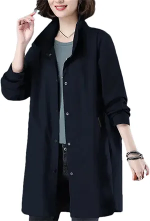 Women's Spring Trench Coat  Long Sleeve Loose Fit Button-Down Mid-Length Casual Jacket With Pockets For Work Office