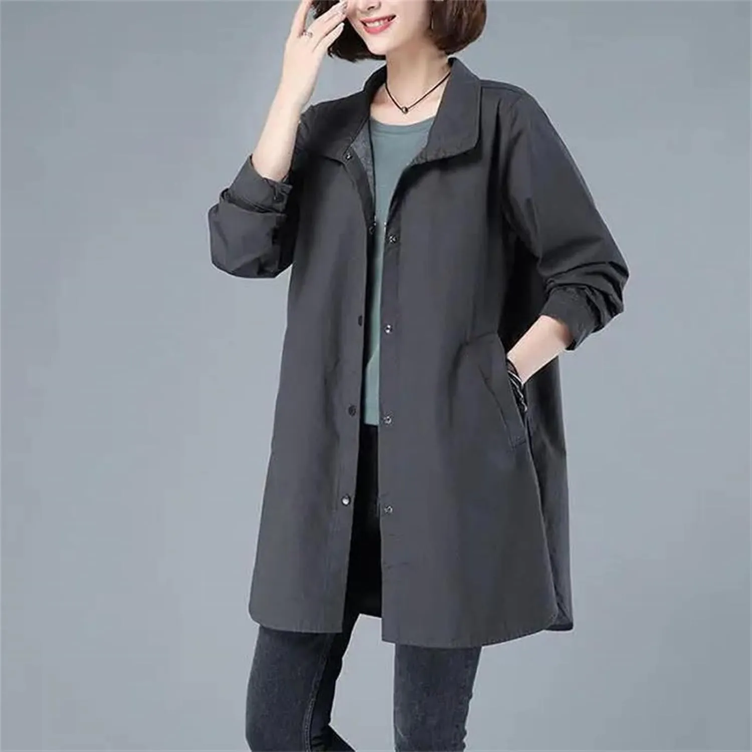 Women's Spring Trench Coat  Long Sleeve Loose Fit Button-Down Mid-Length Casual Jacket With Pockets For Work Office